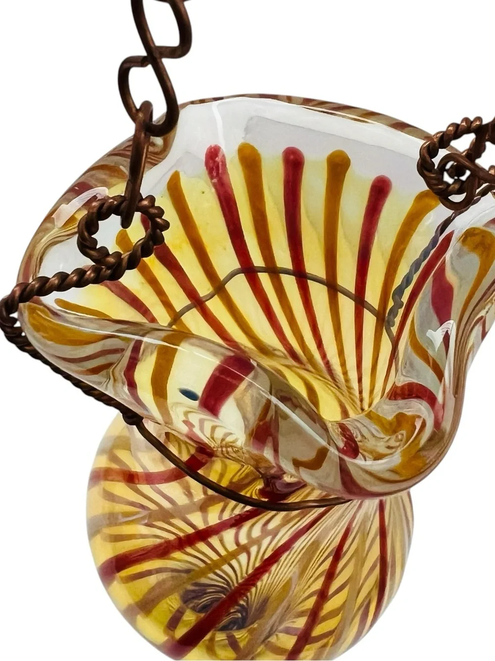 Vintage Robert Coleman Signed RC Handblown Spiral Glass Hanging Chain Bud Vase